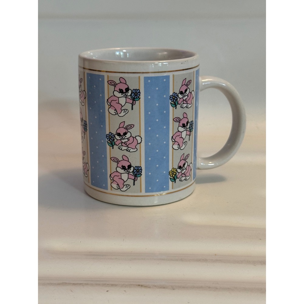 Vintage 1992 Pink Bunny Rabbit Coffee Mug Blue Polka Dot Gold Trim Easter JII